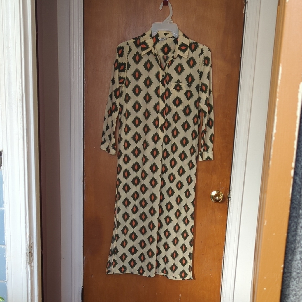 Zara Beige Long Sleeve Dress with Geometric Pattern